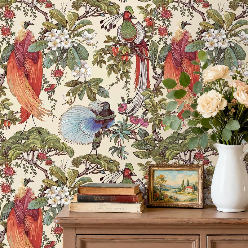 HelloWall Vintage Floral Wallpaper Peel and Stick Green Blue Red Yellow Chinoiserie Bird Flower Vintage Contact Paper for Cabinets Drawers Furniture Removable Vintage Wall Paper Birds Tree 17.5x80" Hellowall - Image 4