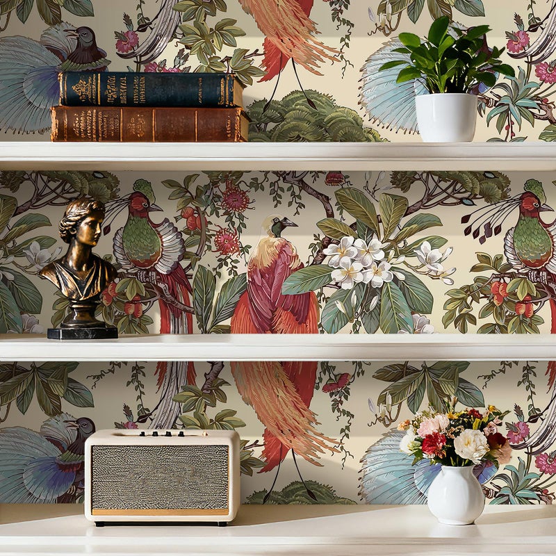 HelloWall Vintage Floral Wallpaper Peel and Stick Green Blue Red Yellow Chinoiserie Bird Flower Vintage Contact Paper for Cabinets Drawers Furniture Removable Vintage Wall Paper Birds Tree 17.5x80" Hellowall - Image 3