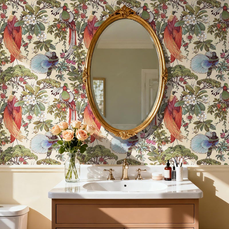 HelloWall Vintage Floral Wallpaper Peel and Stick Green Blue Red Yellow Chinoiserie Bird Flower Vintage Contact Paper for Cabinets Drawers Furniture Removable Vintage Wall Paper Birds Tree 17.5x80" Hellowall - Image 2