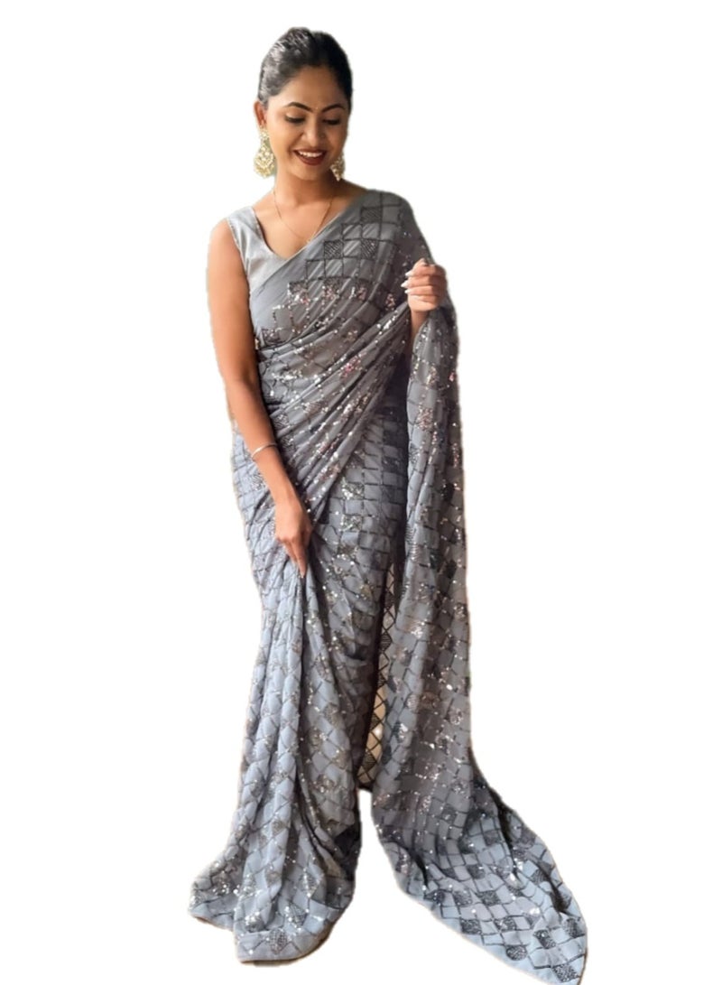 Grab Mantra Georgette Silver Grey Colour Saree With Sequence Work Plus Unstitched Blouse  - Image 1