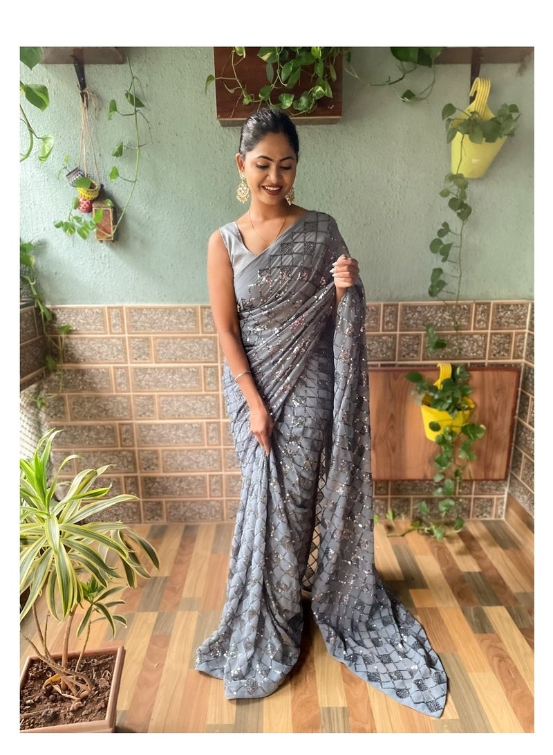 Grab Mantra Georgette Silver Grey Colour Saree With Sequence Work Plus Unstitched Blouse  - Image 2
