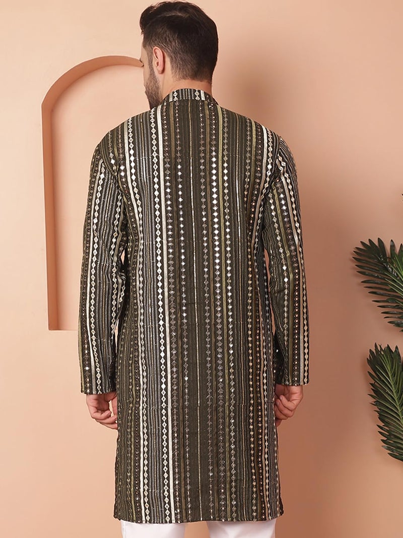 Jompers Men Mirror Work Silk Kurta with Geometric Pattern - Image 2