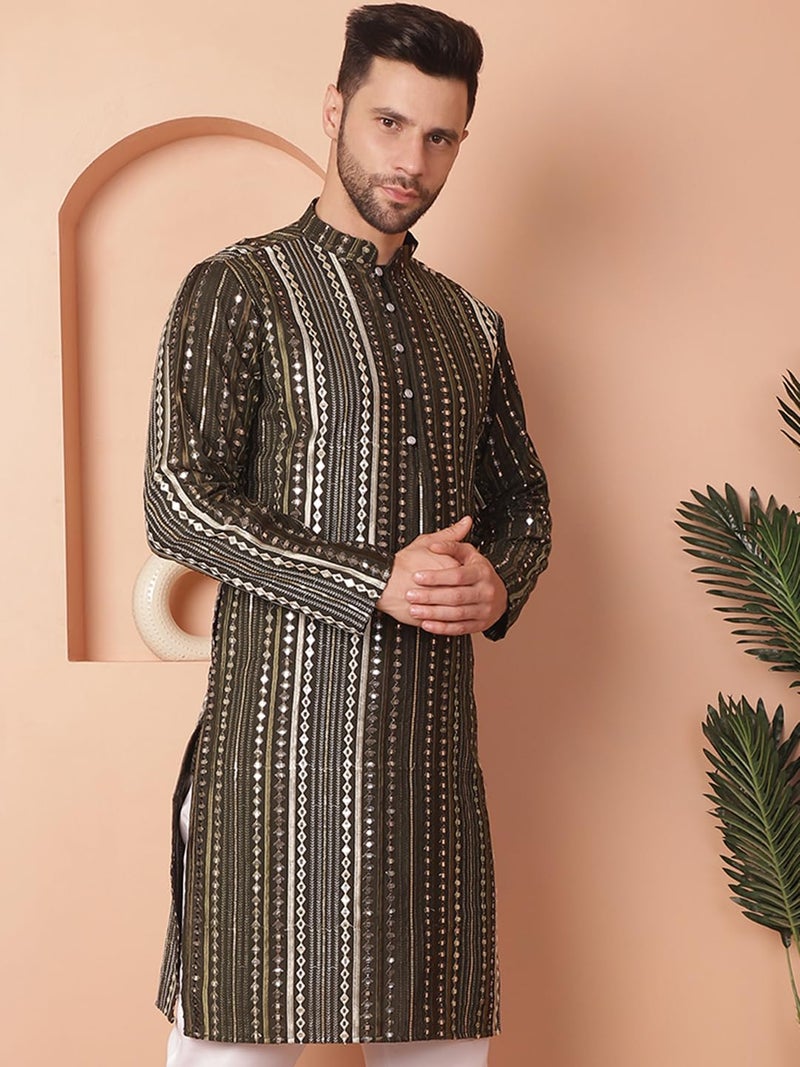 Jompers Men Mirror Work Silk Kurta with Geometric Pattern - Image 3
