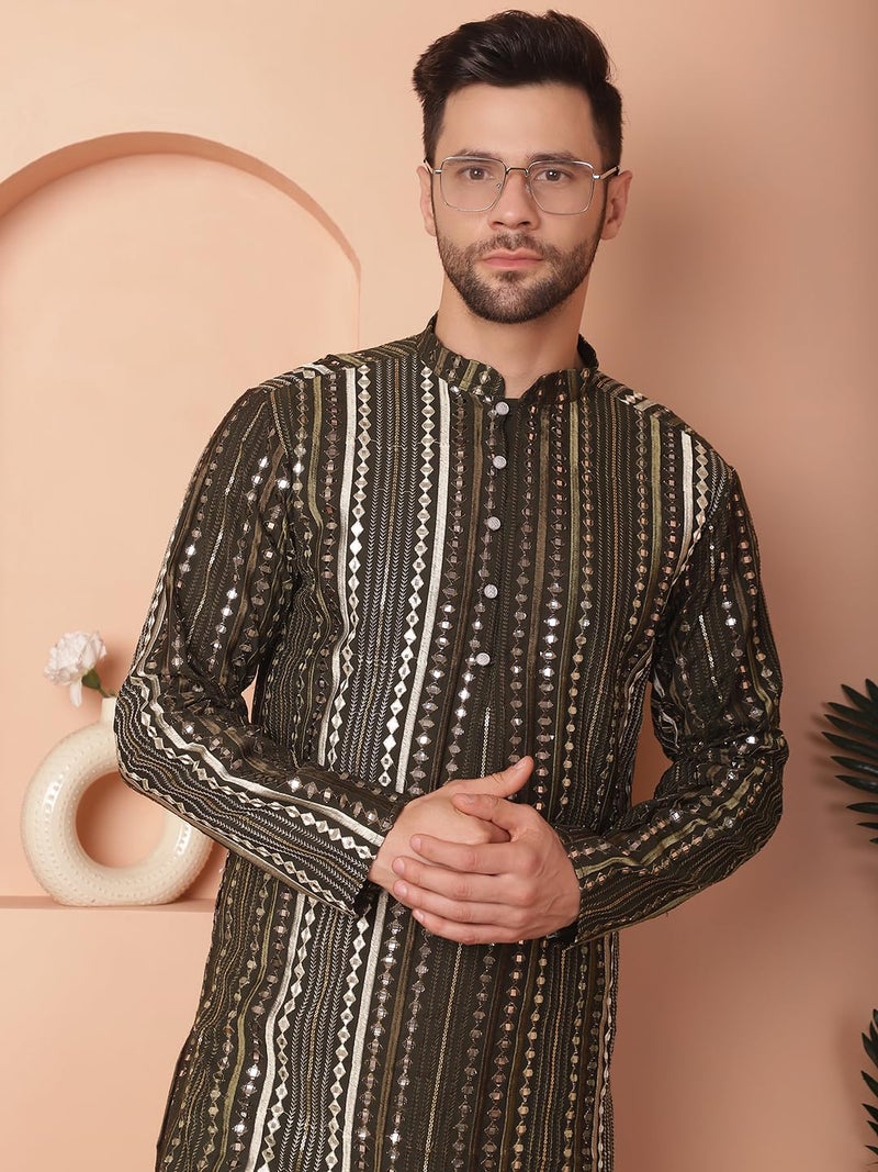 Jompers Men Mirror Work Silk Kurta with Geometric Pattern - Image 5