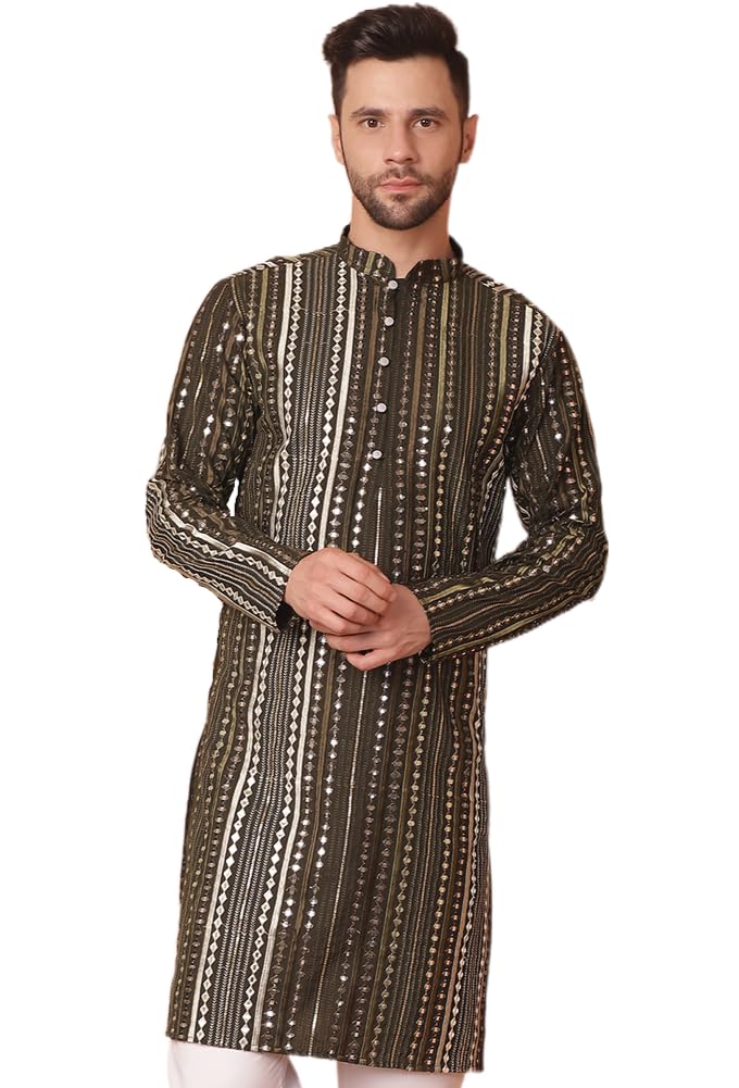 Jompers Men Mirror Work Silk Kurta with Geometric Pattern - Image 1