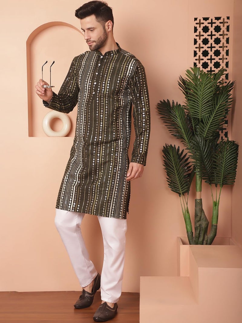 Jompers Men Mirror Work Silk Kurta with Geometric Pattern - Image 4