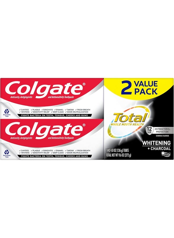Colgate Total Whitening + Charcoal Toothpaste, 10 Benefits Including Sensitivity Relief and Teeth Whitening Toothpaste, 4.8 oz Tube, 2 Pack - Image 1