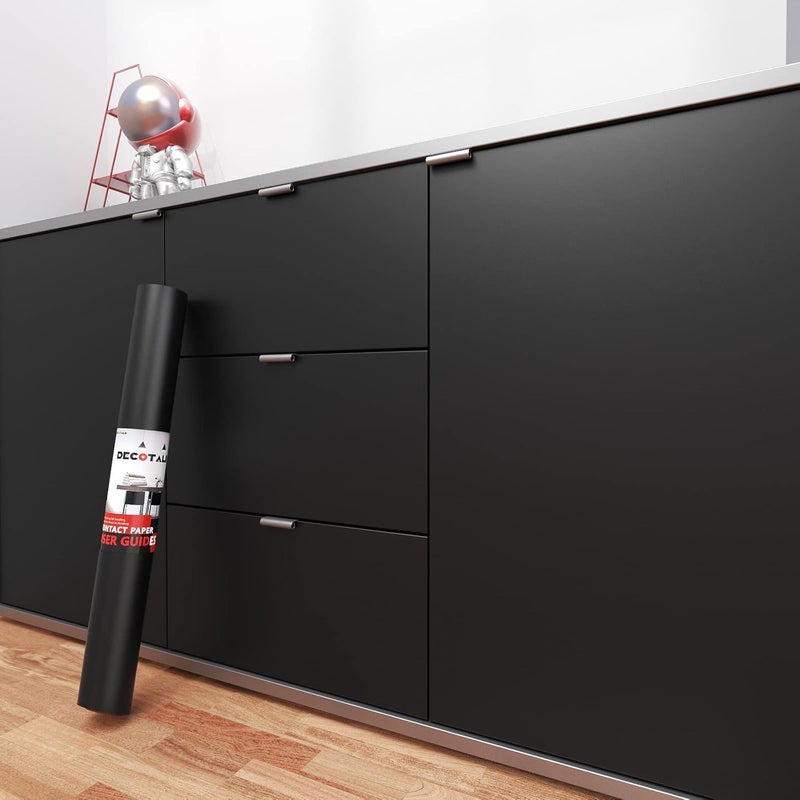 Decotalk ورق جدران أسود قابل للإزالة واللصق بحجم 30"x400"، ورق جدران أسود لغرفة النوم، ورق لاصق داكن للخزائن والأدراج، ورق لاصق أسود صلب قابل للإزالة، فينيل حائط ذاتي اللصق - Image 1