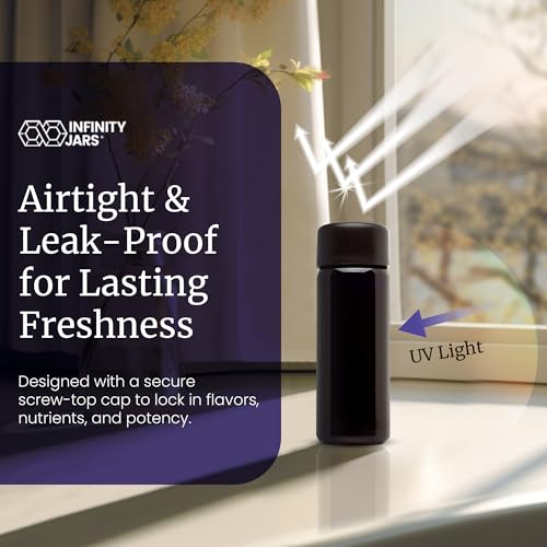 Infinity Jars Black Ultraviolet Glass Slow Pour Screw-Top Bottle 50 ML(1.7 fl oz) Airtight Refillable Container with Neck Finish for Massage Oil, Shampoo, Lotion, Hot sauce - Airtight black Cap - Image 2