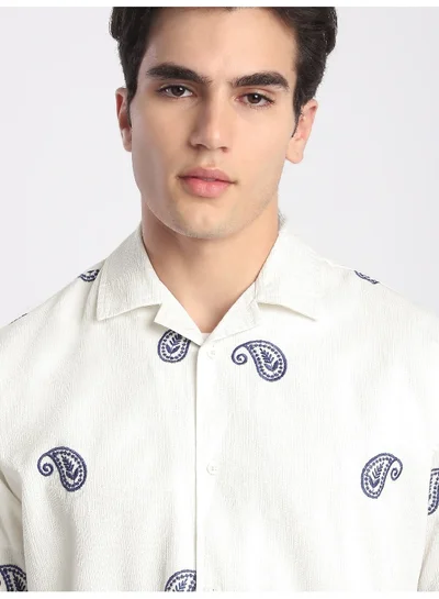 Beyoung White Motif Embroidered Cuban Shirt