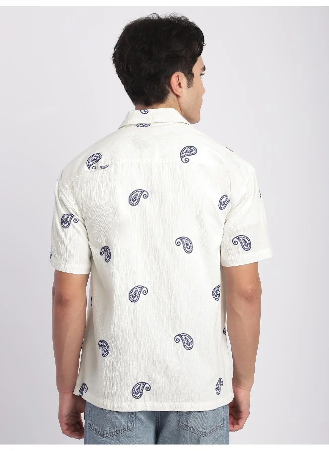Beyoung White Motif Embroidered Cuban Shirt
