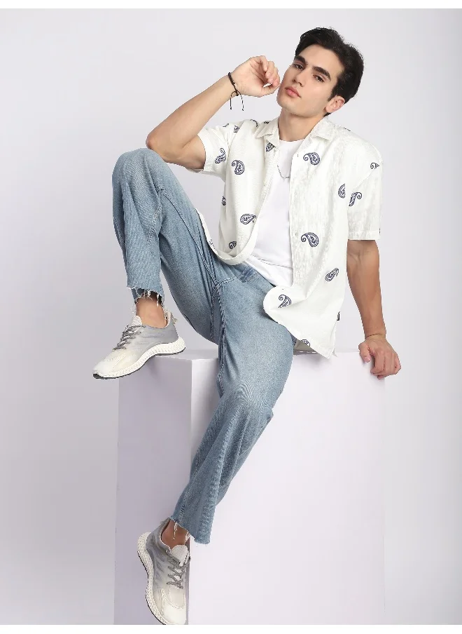Beyoung White Motif Embroidered Cuban Shirt