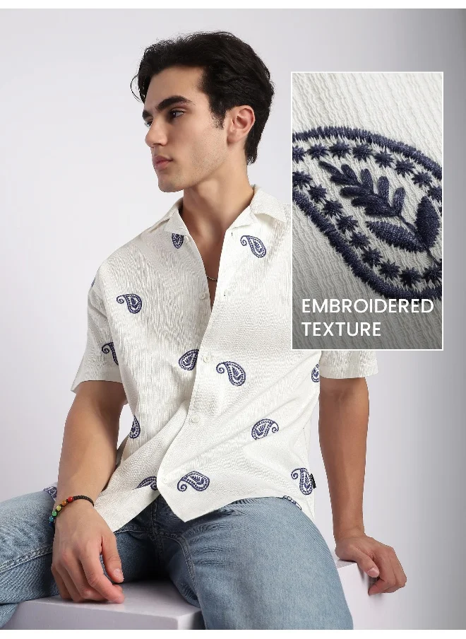 Beyoung White Motif Embroidered Cuban Shirt