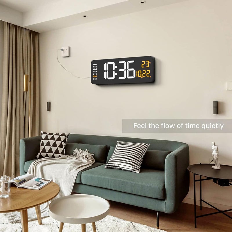 YISILE ساعة حائط رقمية كبيرة من بحجم 16.2 بوصة مع شاشة LED، جهاز تحكم عن بعد، خافت سطوع تلقائي، ساعة كبيرة مع التاريخ، الأسبوع، درجة الحرارة، برتقالي - Image 5