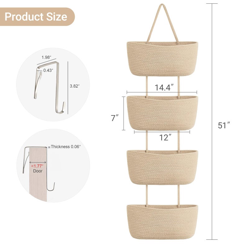 Dahey Over The Door Hanging Basket 4-Tier Woven Boho Wall Mounted Storage Organizer with Hooks for Bedroom Nursery Bathroom Apartments Dorm Pantry Decor, Jute - Image 2