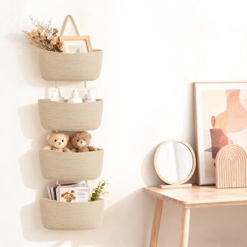 Dahey Over The Door Hanging Basket 4-Tier Woven Boho Wall Mounted Storage Organizer with Hooks for Bedroom Nursery Bathroom Apartments Dorm Pantry Decor, Jute - Image 5
