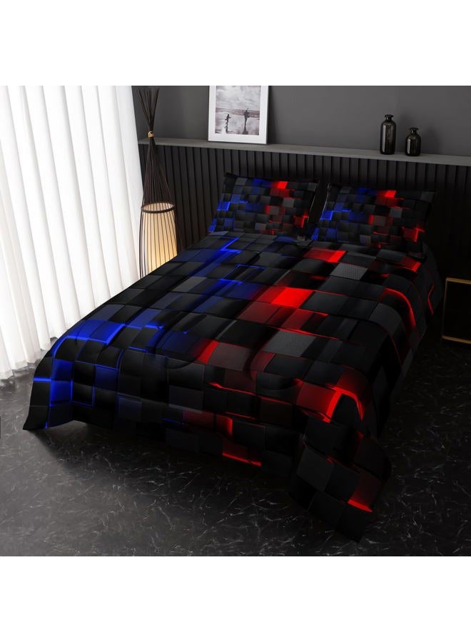 Nttopship Neon Red and Blue Comforter Set Twin Geometric Kids Bedding Set,3 PCS Geometry Honeycomb Bed Set Modern Quilt Set 1 Comforter 2 Pillow Cases Cool Room Decor All Season B-Side Black - Image 2