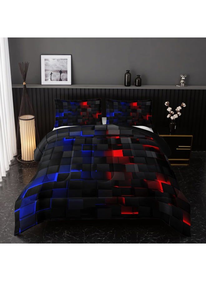 Nttopship Neon Red and Blue Comforter Set Twin Geometric Kids Bedding Set,3 PCS Geometry Honeycomb Bed Set Modern Quilt Set 1 Comforter 2 Pillow Cases Cool Room Decor All Season B-Side Black - Image 1