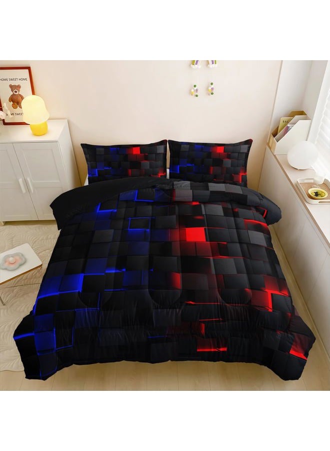 Nttopship Neon Red and Blue Comforter Set Twin Geometric Kids Bedding Set,3 PCS Geometry Honeycomb Bed Set Modern Quilt Set 1 Comforter 2 Pillow Cases Cool Room Decor All Season B-Side Black - Image 3