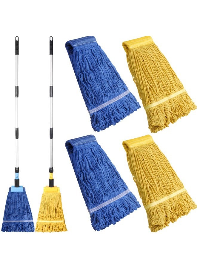 Gejoy 2 Sets Looped End Commercial Mop Heavy Duty Industrial Mop with 4 Mop Replacement Heads, Stainless Steel Pole, Iron Clamp Cotton Mops for Floor Cleaning, Dust, Wood Floor, Kitchen, Blue, Yellow - Image 1