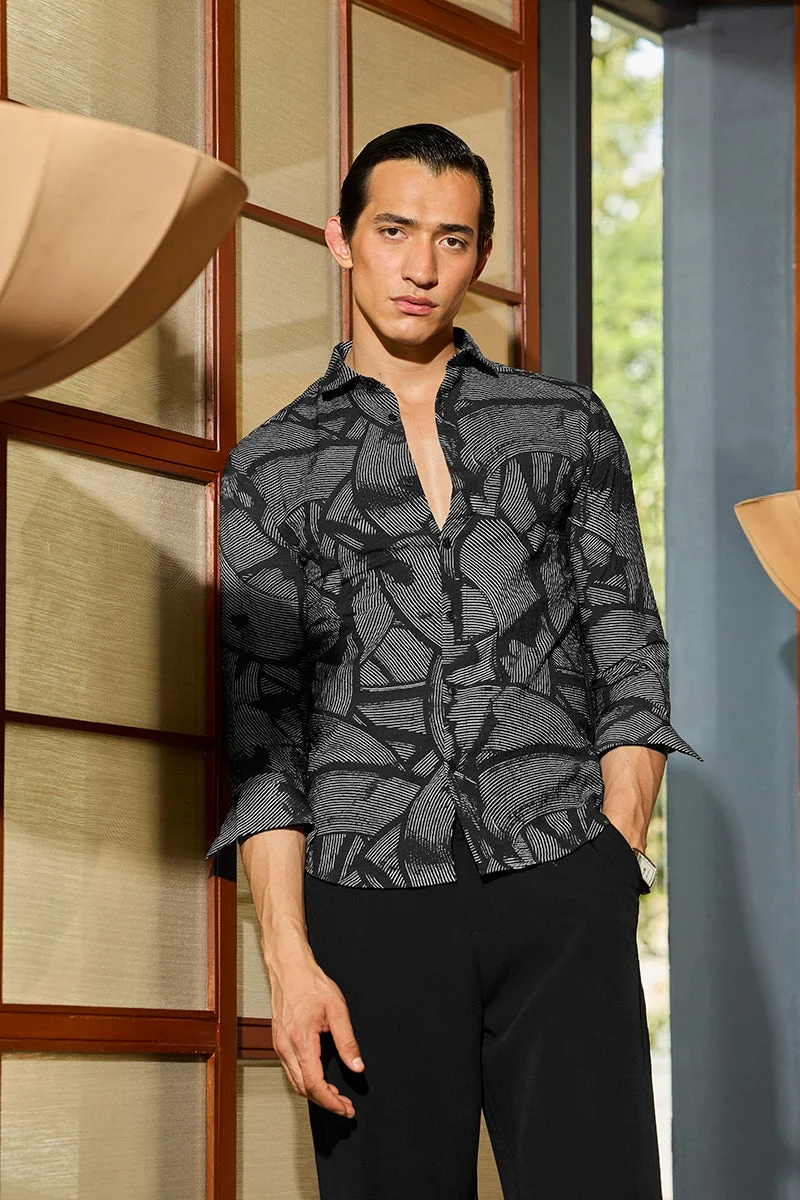 سنيتش Dark Blue Geometric Long Sleeve Slim Fit Shirt