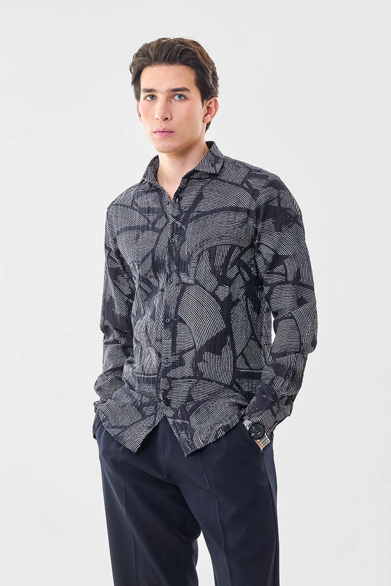 سنيتش Dark Blue Geometric Long Sleeve Slim Fit Shirt