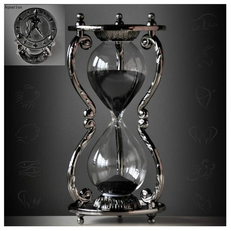 LeDiYouGou Black Antique Decorative Hourglass Sand Timer  30 Minute Unique Vintage 12 Constellations Metal Art Hour Glass for Office Desk Home Decor  Birthday GiftAquarius 