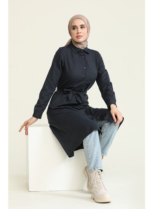 Wool Viscose Belted Tunic 6544-07 Navy Blue