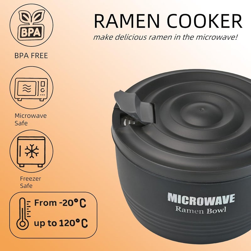 Layron 2 Sets Microwave Ramen Cooker Bowl 45 oz Instant Noodle Bowl with Handles Ramen Noodle Cooker with Spoon Chopsticks Fork Knife College Dorm Room Essentials for Boys Girls Black Black - Image 4