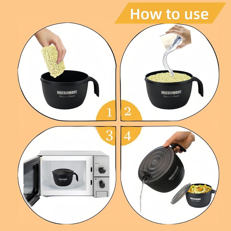 Layron 2 Sets Microwave Ramen Cooker Bowl 45 oz Instant Noodle Bowl with Handles Ramen Noodle Cooker with Spoon Chopsticks Fork Knife College Dorm Room Essentials for Boys Girls Black Black - Image 5