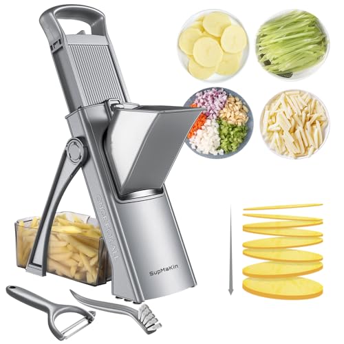 SupMaKin Upgrade Safe Mandoline Slicer for KitchenAdjustable Potato Slicer Vegetable Onion Chopper French Fry Cutter Include Vegetable PeelerGray - Image 1