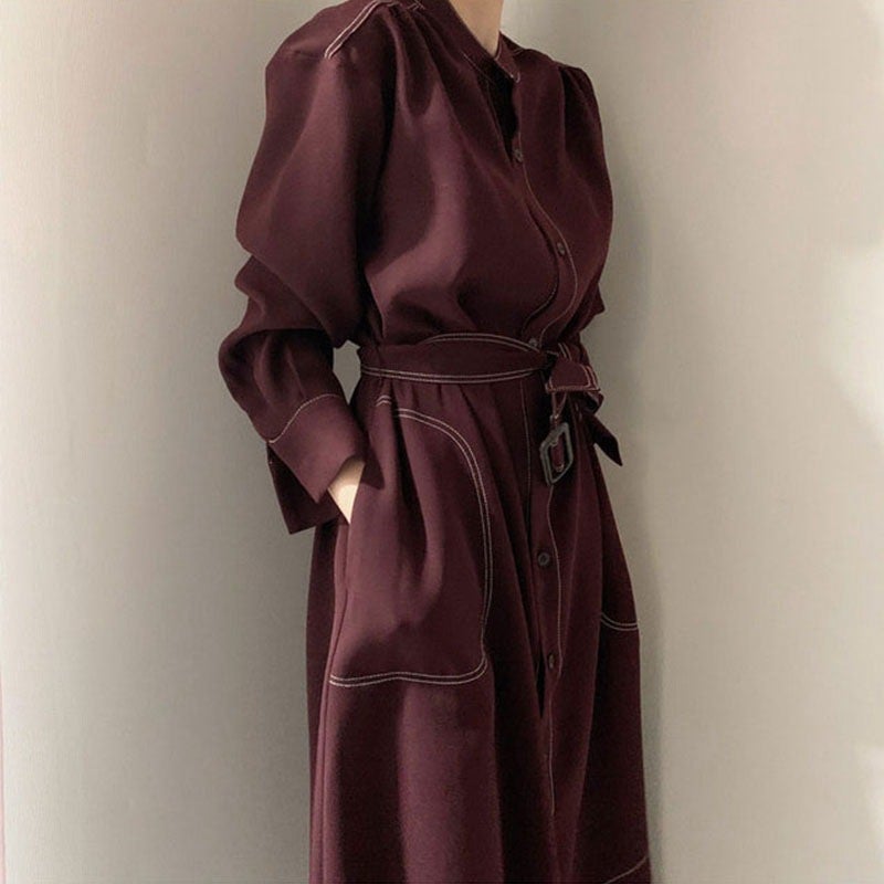 South Korea minimalist stand collar open-line single-breasted loose lace-up windbreaker dress dress Wine red 