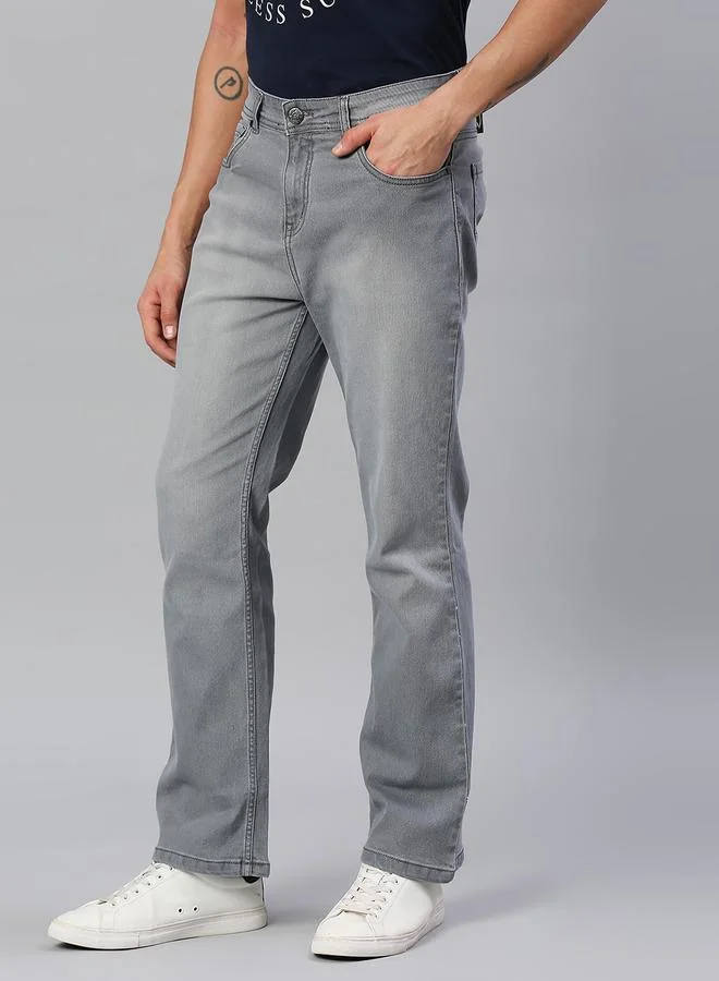 HIGH STAR Men's Grey Cotton Blend Solid Pattern Full Length Bootcut Jeans