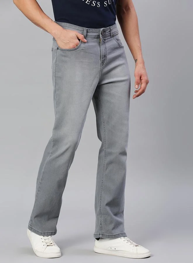 HIGH STAR Men's Grey Cotton Blend Solid Pattern Full Length Bootcut Jeans