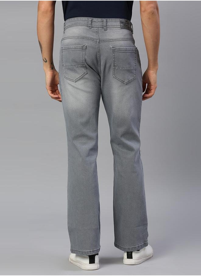 Men's Grey Cotton Blend Solid Pattern Full Length Bootcut Jeans