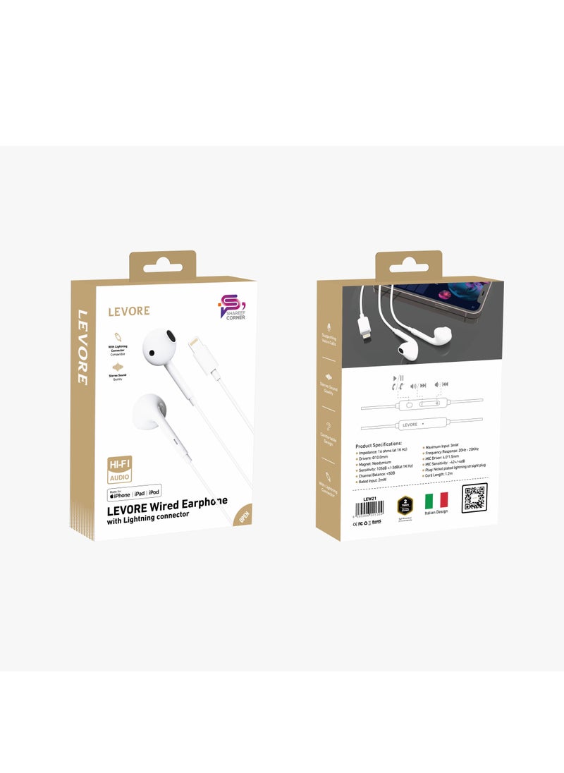 LEVORE - Wired Earphones With MFI Lightning Connector, Stereo and  Comfortable Design, White - Image 1