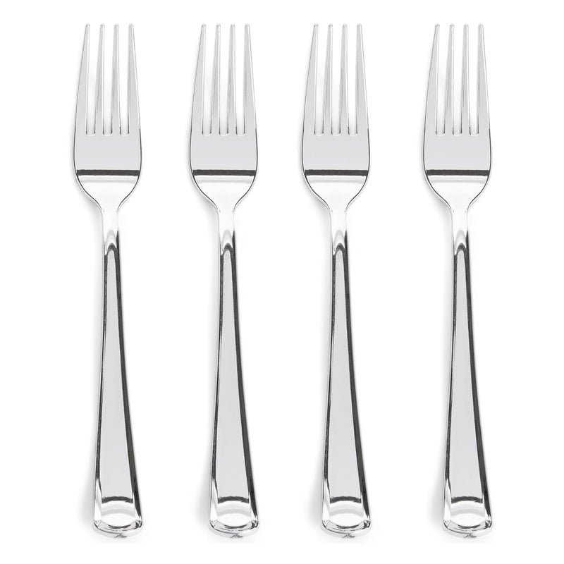 Prestee 100 Pack Silver Plastic Forks HeavyDuty  Elegant Disposable Silverware Forks  Fancy Plastic Silver Cutlery Set  Heavyweight Utensils for Party Holiday and Events