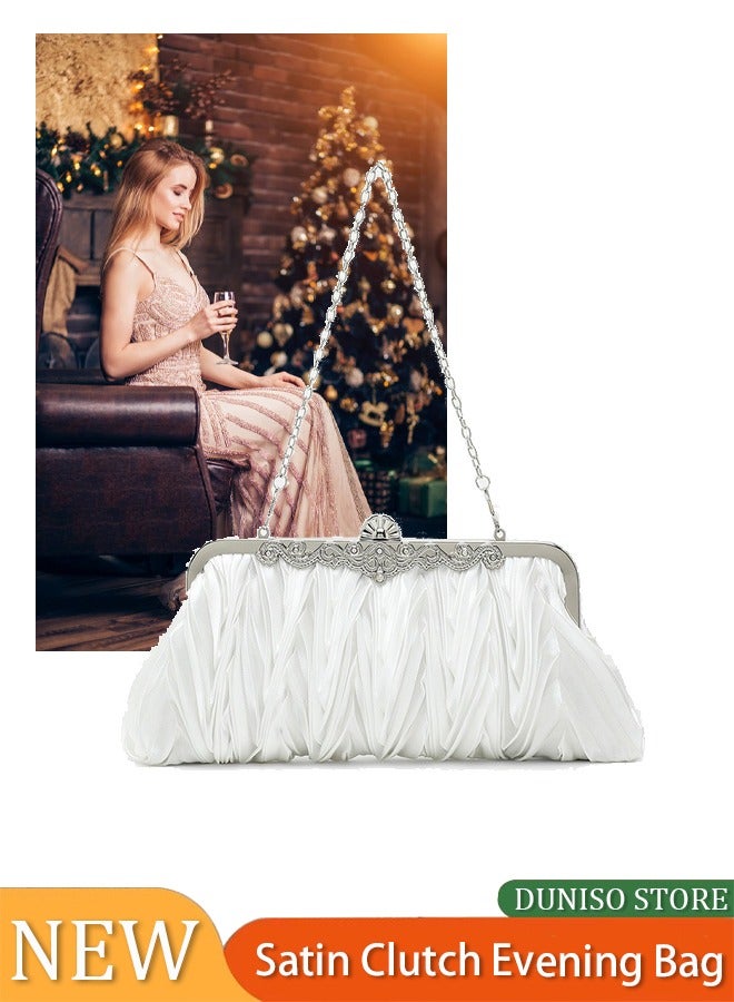 general Classical Pleated Satin Wedding Bridal Clutch Handbag Metal Frame Women Party Prom Purse Rhinestone Diamond Evening Bags White - Image 1