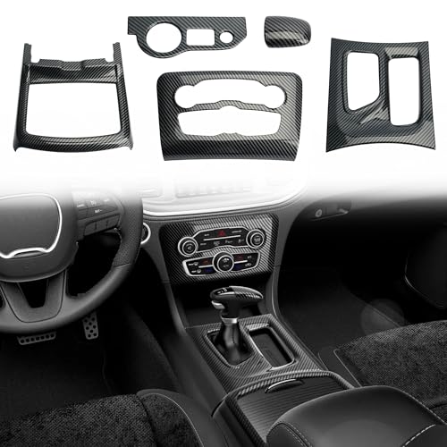 TENGBASE for Dodge Charger 2015-2023 Gear Shift Panel Trim, Central Control A/C Cover & Cup Holder Headlight Switch Button Panel Cover Trim, Black Carbon Fiber Particulate Material - Image 1