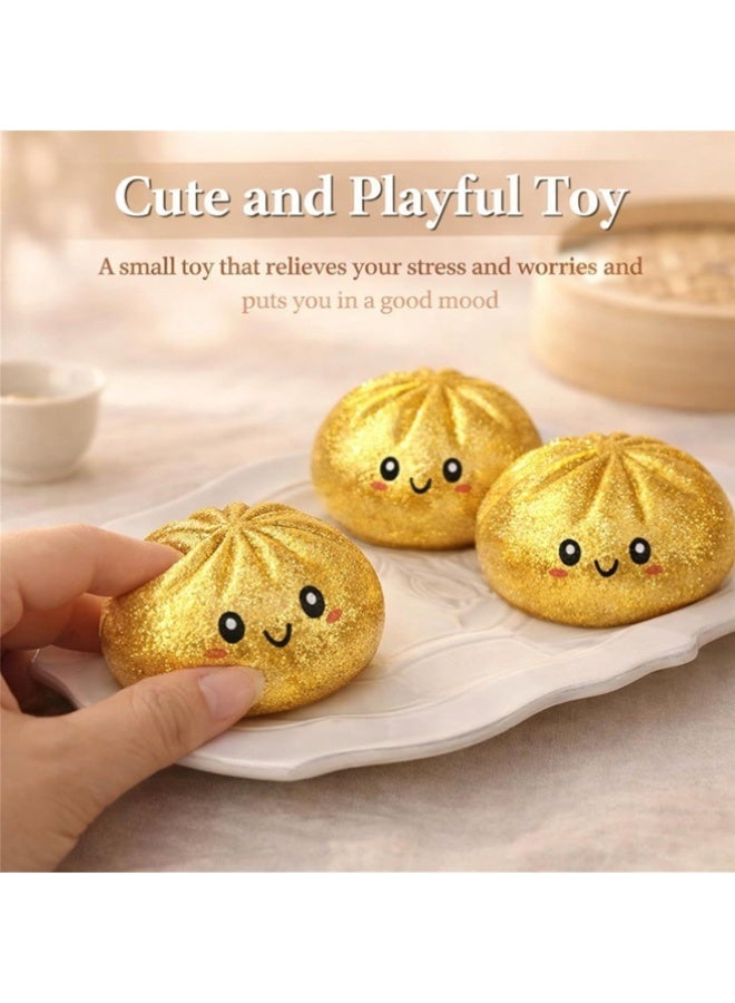 DAEVO Dumpling Squishes Stress Balls with Steamer, Cute Anxiety Relief Toy, Soft Squeeze Decompression Dough for Adults, Simulation Food Squishies Bun (Golden, 1pcs) - Image 4