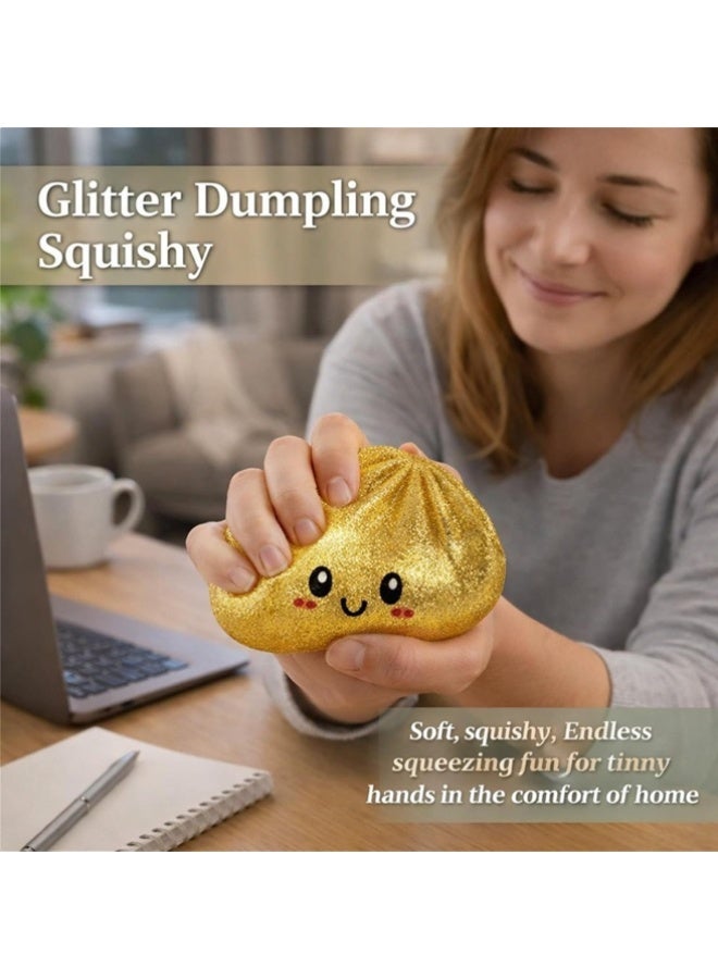 DAEVO Dumpling Squishes Stress Balls with Steamer, Cute Anxiety Relief Toy, Soft Squeeze Decompression Dough for Adults, Simulation Food Squishies Bun (Golden, 1pcs) - Image 3