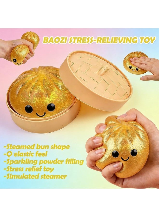 DAEVO Dumpling Squishes Stress Balls with Steamer, Cute Anxiety Relief Toy, Soft Squeeze Decompression Dough for Adults, Simulation Food Squishies Bun (Golden, 1pcs) - Image 2