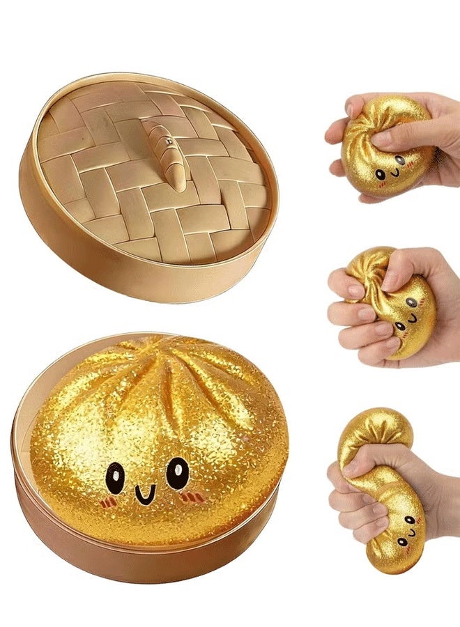 DAEVO Dumpling Squishes Stress Balls with Steamer, Cute Anxiety Relief Toy, Soft Squeeze Decompression Dough for Adults, Simulation Food Squishies Bun (Golden, 1pcs) - Image 1