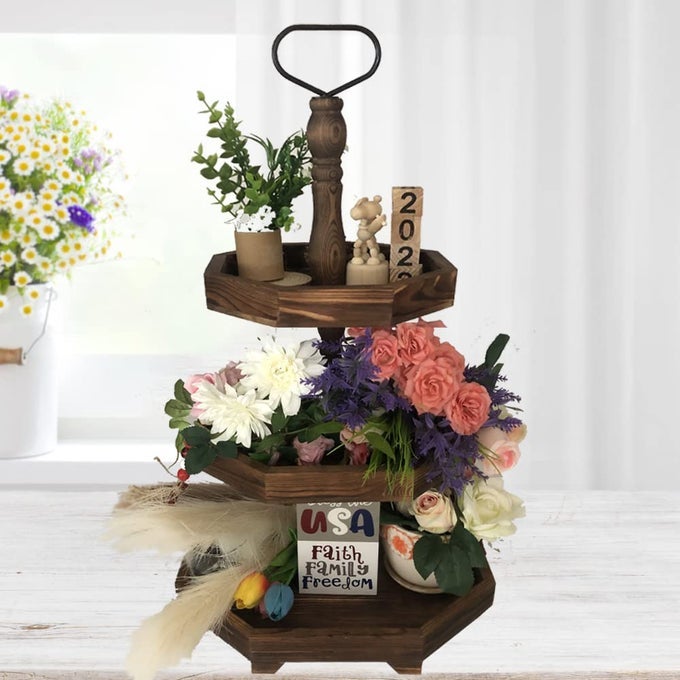 3TIER RUSTIC BLACK WOODEN SERVING TRAY FARMHOUSE CUPCAKE STAND KITCHEN ORGANIZER 27X15 TALL TIERED TRAY FOR DINING TABLE FALL DECOR COUNTRY HOME DECOR