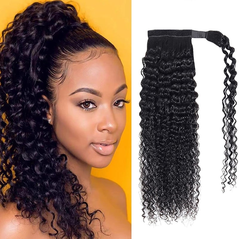 Hair Short 14 Inch Curly Human Hair Ponytail Extensions for Black Women Wrap Around Ponytail Water Wave Ponytail Human Hair Feeling With Clip In Thick Ponytail Natural Looking Hairpiece 1B