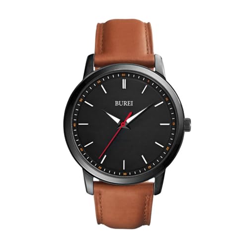 BUREI Mens Fashion Watches Brown Leather Analog Quartz Waterproof Watch Dress Minimalist Wrist Watches for Men, Gift for Men (Red Black Brown) - Image 1