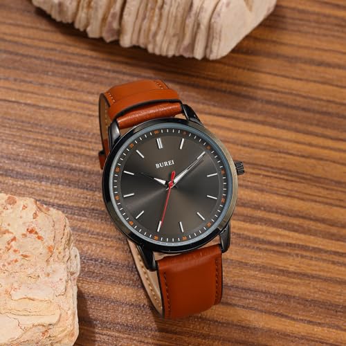 BUREI Mens Fashion Watches Brown Leather Analog Quartz Waterproof Watch Dress Minimalist Wrist Watches for Men, Gift for Men (Red Black Brown) - Image 3