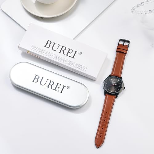 BUREI Mens Fashion Watches Brown Leather Analog Quartz Waterproof Watch Dress Minimalist Wrist Watches for Men, Gift for Men (Red Black Brown) - Image 4