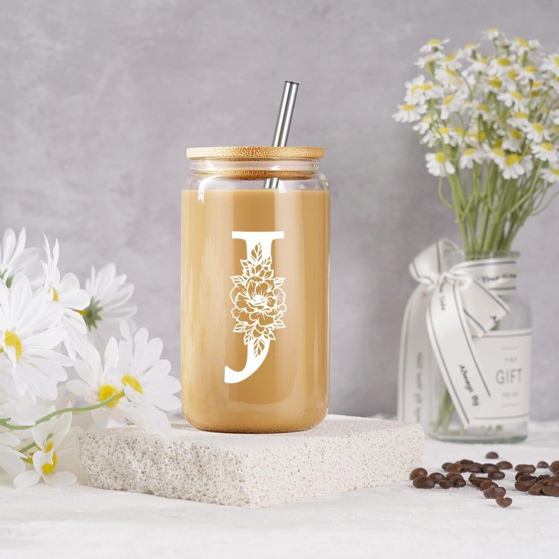Coolife Initial Glass Cup, Monogrammed Gifts for Women, 16 oz Glass Cups w/Lids Straws, Iced Coffee Smoothie Beer Tumbler w/Straw Lid - Personalized Christmas, Birthday Gifts for Her Mom Friend Woman - Image 4