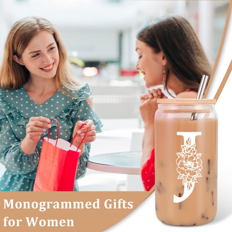 Coolife Initial Glass Cup, Monogrammed Gifts for Women, 16 oz Glass Cups w/Lids Straws, Iced Coffee Smoothie Beer Tumbler w/Straw Lid - Personalized Christmas, Birthday Gifts for Her Mom Friend Woman - Image 3